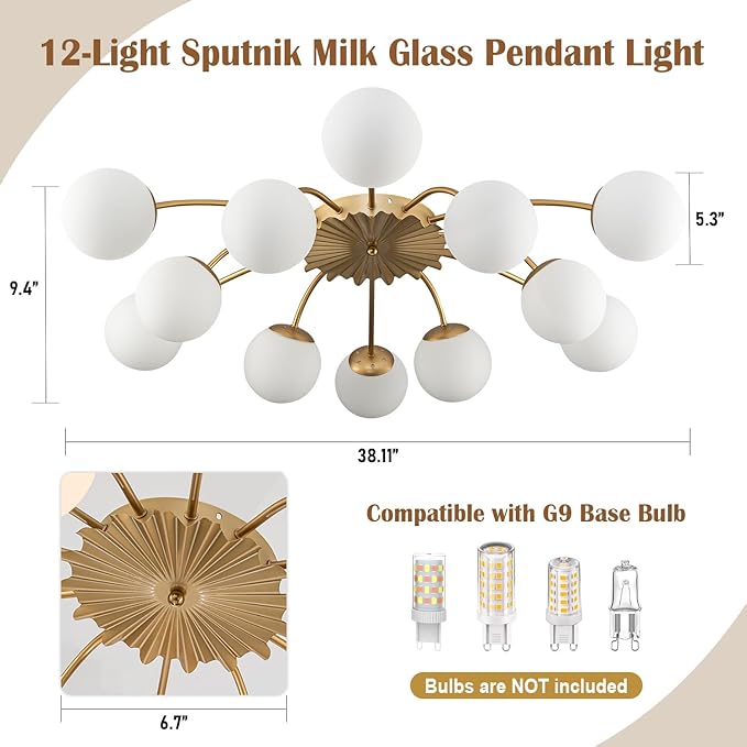 12-Light Milk Glass Pendant Light, 40" Sputnik Bubble Glass Chandelier Light Fixture, Hand Blown Semi Flush Mount Ceiling Chandeliers Lighting for Dining Room, Living Room (Gold, 12-Light Ceiling)
