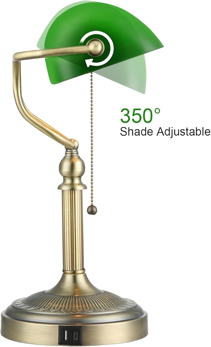 Green Glass Bankers Desk Lamp with Pull Chain Switch Plug in Fixture,USB Fast Charging Port