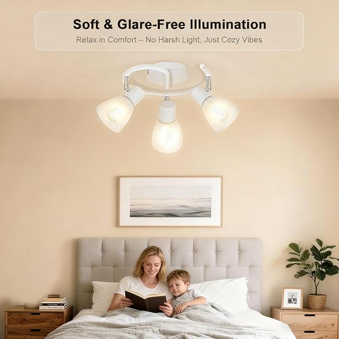HiBay 3-Light Track Lighting, Modern Glass Ceiling Light Fixture White, Directional Flush Mount Spotlight Round for Kitchen, Bedroom, Living Room, E12 Base, No Bulbs