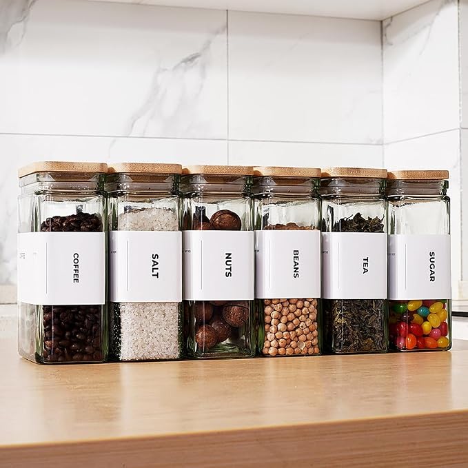 APT 1101 Glass Storage Jars with Bamboo Lid, glass canisters with airtight lids, Clear jars with lids for Spice, Cookie, Candy, Tea, Coffee Bean and Rice (White, 26 oz, Set of 6)