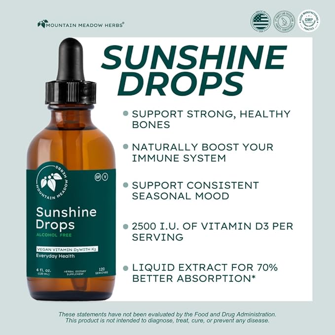 Mountain Meadow Herbs Sunshine Drops | Vegan Vitamin D3 Booster for Healthy Bones & Teeth | Ideal Winter Supplement | Tincture 4oz