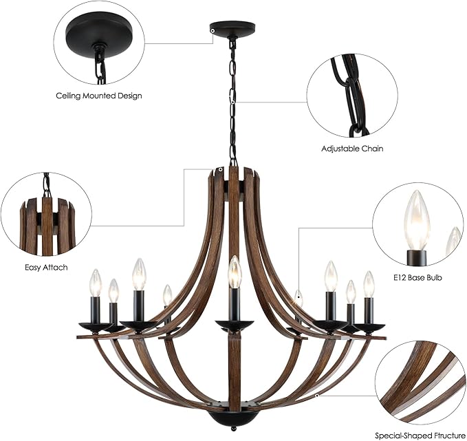LAMPKEDUO Rustic Chandeliers for Dining Room Light Fixture, 10-Light 35" Adjustable Height Retro Faux Wood Texture Farmhouse Light Fixtures for Living Room Bedroom Foyer Entryway