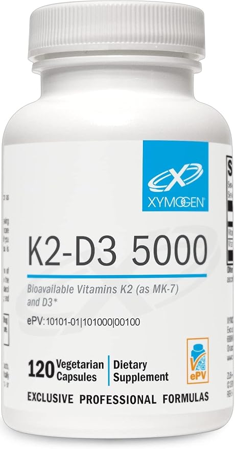 XYMOGEN K2-D3 5000 - Vitamine D3 K2 - Vitamine D hautement biodisponible 5000 UI (Cholécalciférol) avec MK-7 - Soutien cardiovasculaire, artériel, osseux et immunitaire (120 capsules)