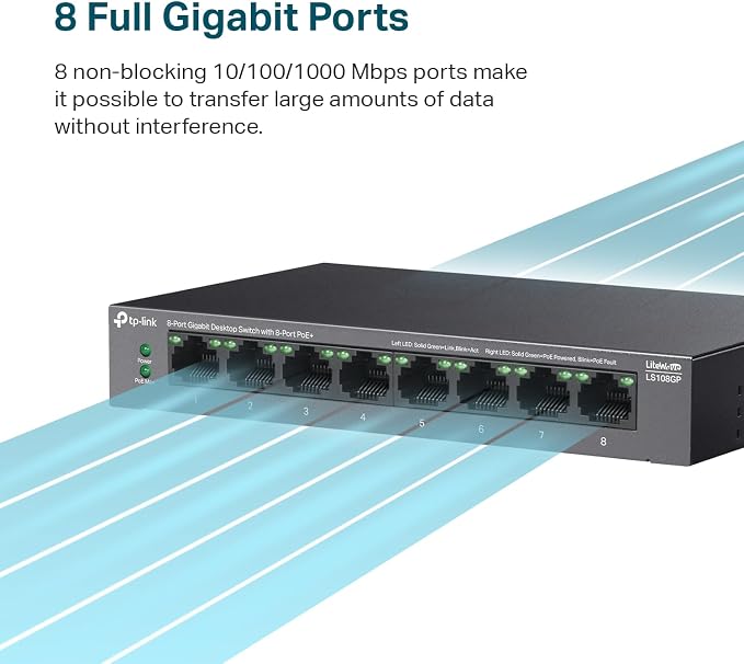 TP-Link LS108GP | 8 Port PoE Gigabit Ethernet Switch | 8 PoE+ Port @ 62W | Plug & Play | Extend Mode | PoE Auto Recovery | Desktop/Wall Mount | Silent Operation
