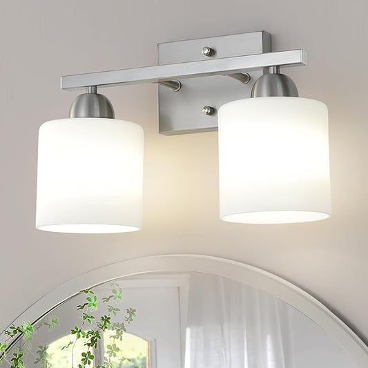 Mecgirn Stainless Steel Milk Glass Vanity Lights for Bathroom, 2 Light Brushed Nickel Bathroom Light Fixtures Over Mirror, Ceramic E26 Sockets Wall Mounted