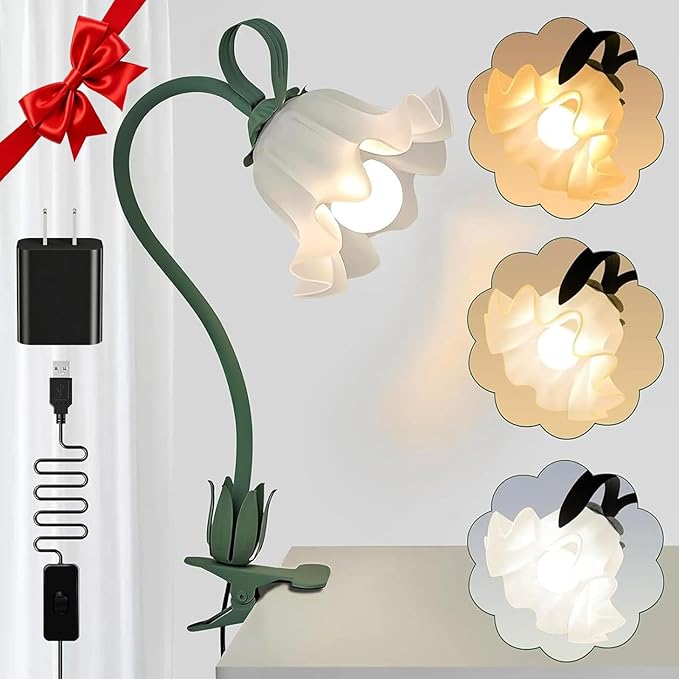 Clip On Light and Flower Desk Lamp, Flexible Gooseneck Reading Book Light with 3 Color Modes Cute Table Lamp Decor, Clip on Bedside Lamp for Bed Headboard,Table, Nursery,Dorm (Green-02)