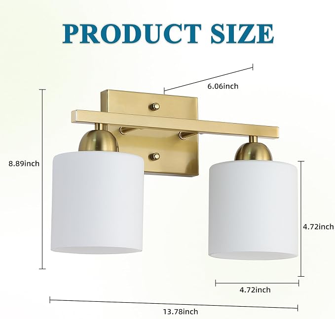 Mecgirn Stainless Steel Milk Glass Vanity Lights for Bathroom, 2 Light Gold Bathroom Light Fixtures Over Mirror, Ceramic E26 Sockets Wall Mounted