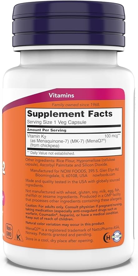 Now Supplements, MK-7 Vitamine K-2 100 mcg, Soutien Cardiovasculaire*, Favorise la Santé des Os*, 180 Gélules Végétales (Lot de 2)