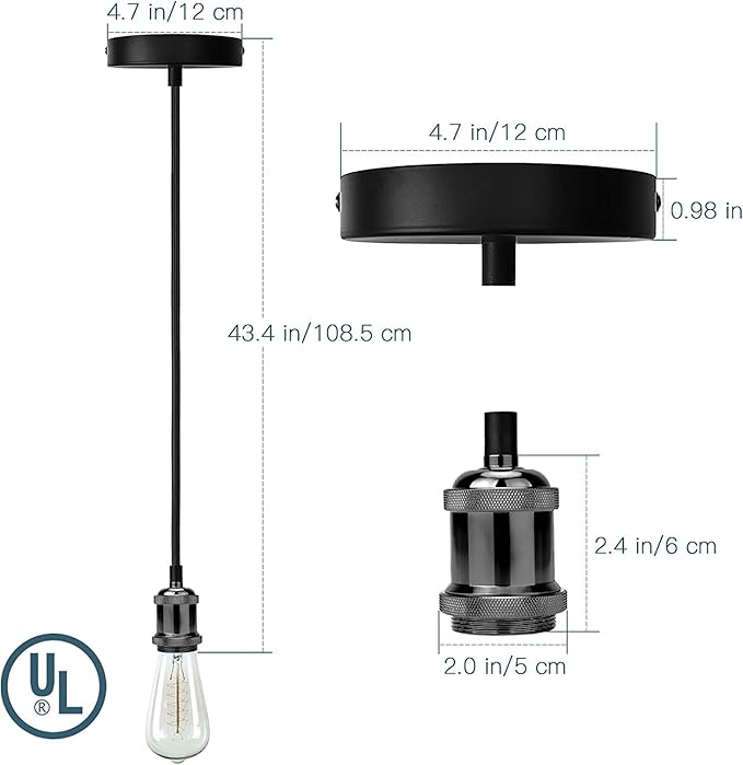 JACKYLED 2 Pack Mini Pendant Light Kit UL Vintage Socket E26 E27 Lampholder Black Woven Fabric Pendant Light Cord Adjustable Canopy Kit