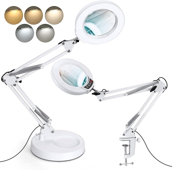 12X Magnifying Glass with Light and Stand, Upgrade Button 5 Color Modes Stepless Dimmable, 2-in-1 LED Lighted Magnifier Light, Hands Free Desk Lamp with Clamp for Craft Hobby Close Work - White