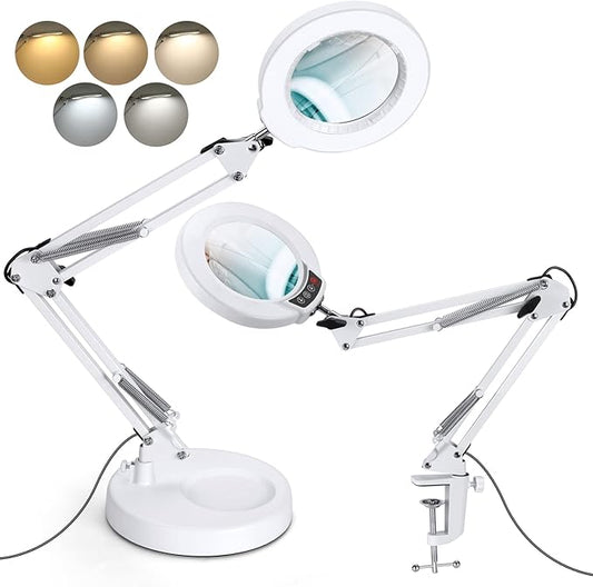 12X Magnifying Glass with Light and Stand, Upgrade Button 5 Color Modes Stepless Dimmable, 2-in-1 LED Lighted Magnifier Light, Hands Free Desk Lamp with Clamp for Craft Hobby Close Work - White