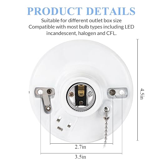 1 Pack Light Socket with Outlet and Pull Chain Light Fixture, Bulb Socket with Grounded Outlet, E27/e26 Base, Box Mount for Indoor Garage Closet Lighting (Porcelain)