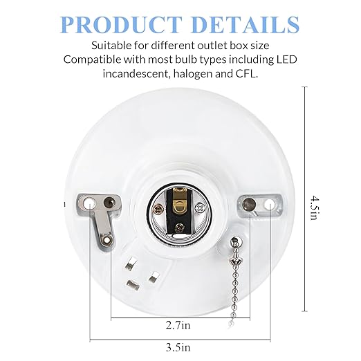 8 Pack Light Socket with Outlet and Pull Chain Light Fixture, Bulb Socket with Grounded Outlet, E27/e26 Base, Box Mount for Indoor Garage Closet Lighting (Porcelain)