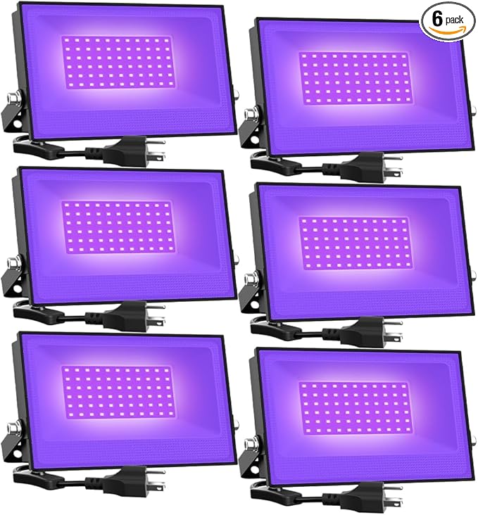 Onforu 6 Pack 38W LED Black Lights, Blacklight Flood Light with Plug, IP66 Waterproof, for Halloween Party, Glow in The Dark, Stage Lighting, Aquarium, Body Paint, Fluorescent Poster, Neon Glow,Black