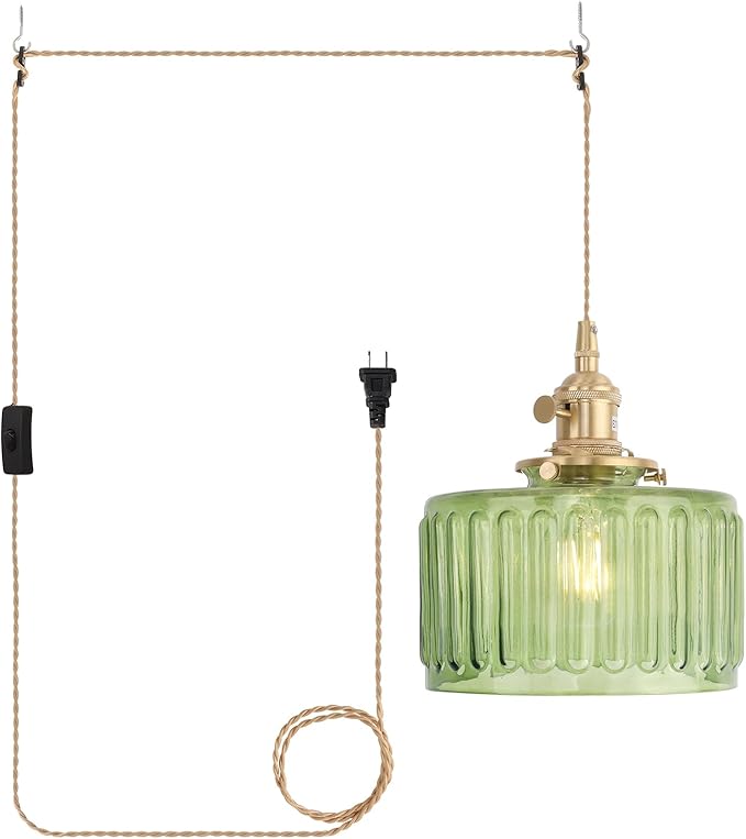Shenmoyl Plug in Pendant Light Hanging Light Fixtures with Plugin Cord On/Off Switch,Green Striped Glass Lampshade Brass Pendant Light