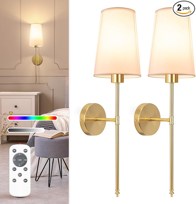 NIORSUN Gold Battery Operated Wall Sconce Set of 2,Rechargeable Wall Lights with 10400mAh Dimmable Detachable Bulbs and Remote,9 Colors Wireless Sconces for Bedroom Living Room Hallway