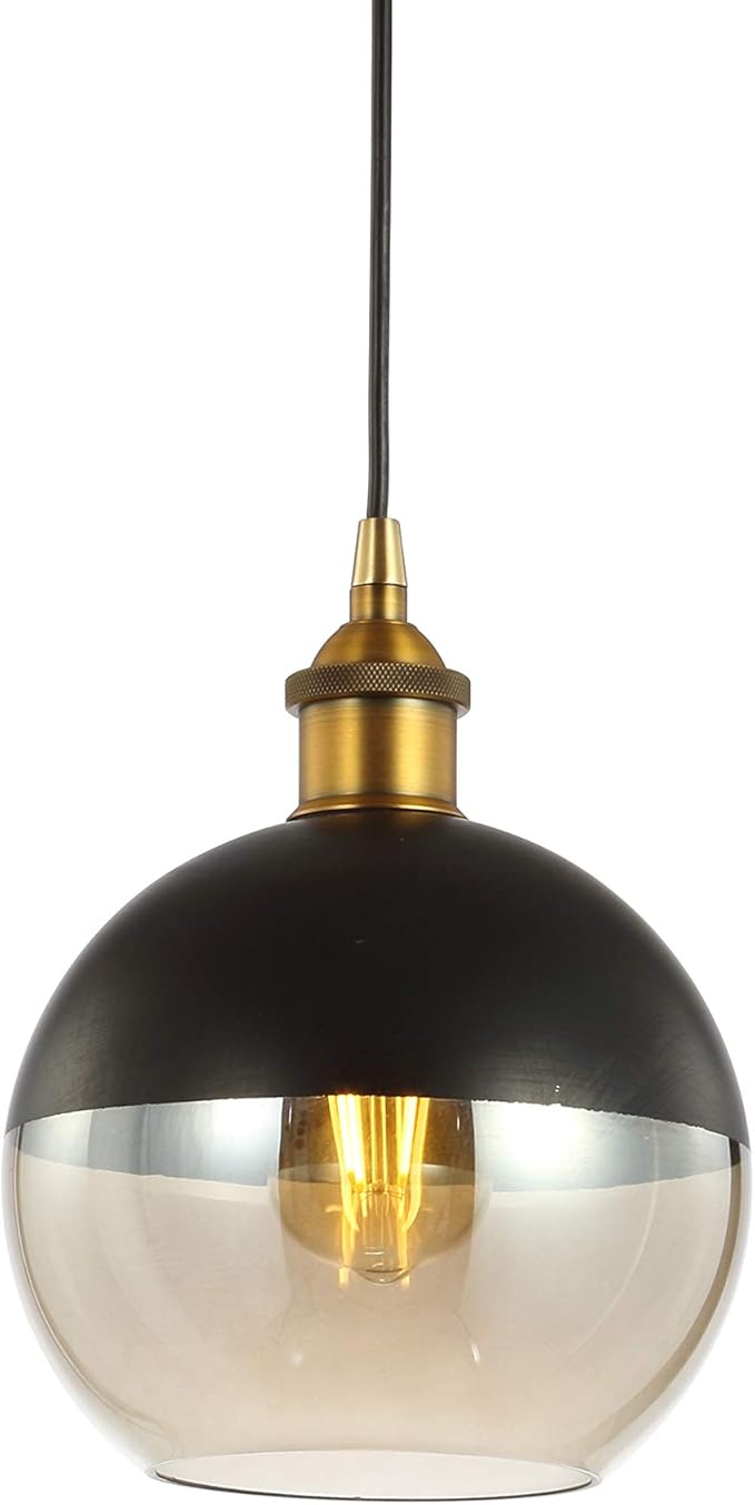 JONATHAN Y 7.5" Brass Gold/Black Mid-Century Modern Globe Pendant Light, Adjustable LED Hanging Ceiling Fixture, Champagne Smoked Glass Shade for Kitchen Island JYL3513A