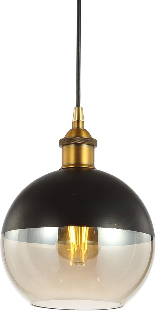 JONATHAN Y 7.5" Brass Gold/Black Mid-Century Modern Globe Pendant Light, Adjustable LED Hanging Ceiling Fixture, Champagne Smoked Glass Shade for Kitchen Island JYL3513A