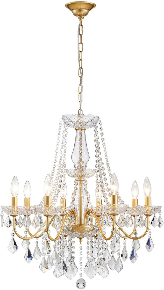 Gold Crystal Chandelier, 8-Light Crystal Chandeliers for Dining Room Light Fixture, Crystal Pendant Ceiling Light Modern Gold Lighting Fixture for Living Room Hallway Foyer Bedroom Kitchen Bathroom