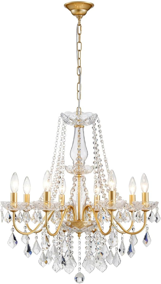 Gold Crystal Chandelier, 8-Light Crystal Chandeliers for Dining Room Light Fixture, Crystal Pendant Ceiling Light Modern Gold Lighting Fixture for Living Room Hallway Foyer Bedroom Kitchen Bathroom
