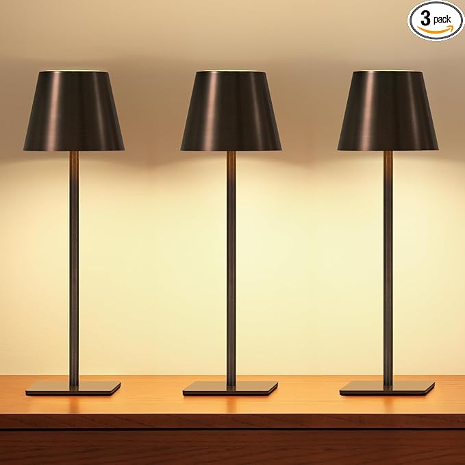 UME 3 Pack Cordless Table Lamp, Battery Operated Lamp - Portable Waterproof Rechargeable Table Lamp 3 Color Temps & Stepless Dimming for Dinner, Desk, Cafe, Outdoor (Brushed Bronze | Coffee Tonal)