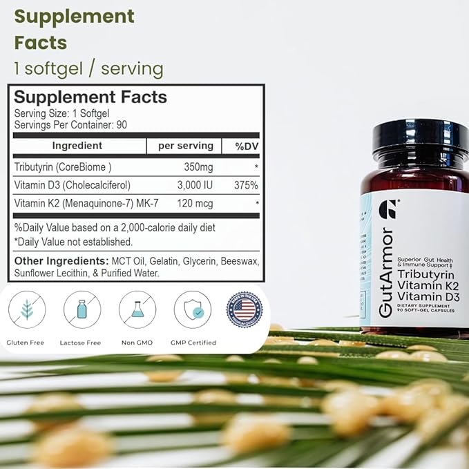 GutArmor Santé Intestinale & Cardiaque + Soutien Immunitaire | Cure de 3 Mois | 90 Capsules Molles | Butyrate Pur 350mg & Vitamine D3 2000 UI & Vitamine K2 120mcg | Santé Cardiaque | Soutien Gastro-Intestinal