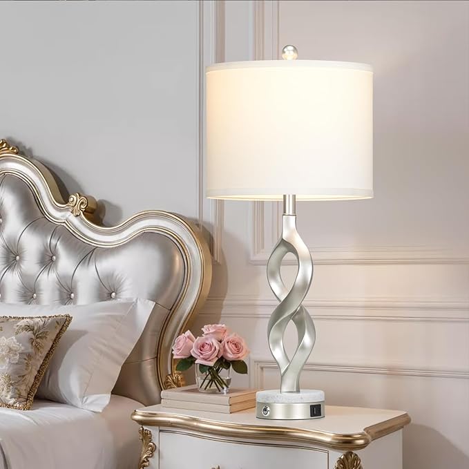 Cinyirong Silver Table Lamps Set of 2 for Living Room, 30" Tall Touch Control Bedside Lamps for Bedroom Nightstand, 3-Way Dimmable Modern Sculptural Table Lamp with USB A+C Ports and 2 LED Bulbs