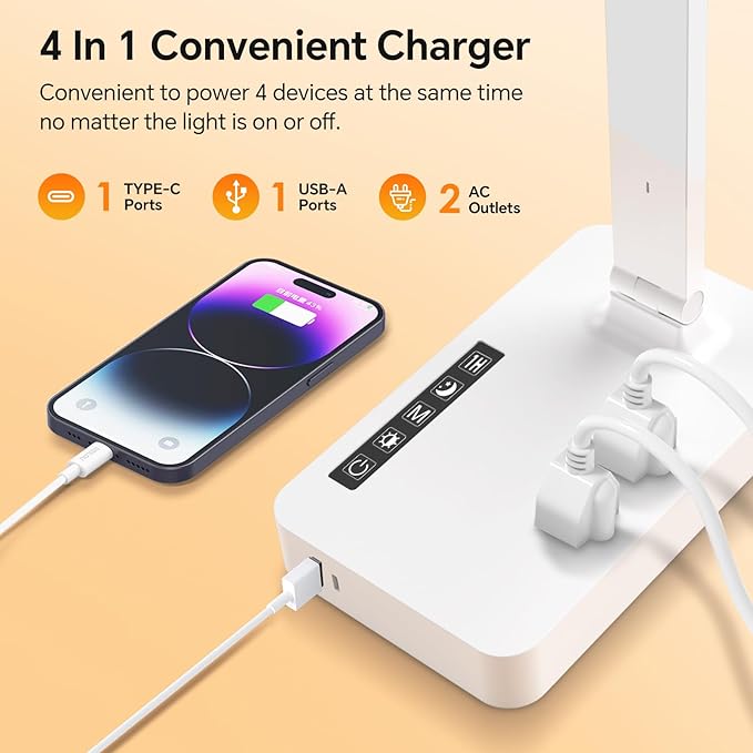 Desk Lamp with USB Charging Port: Table Lamp with Power Strip, Charging Station - 2 Outlets 1 USB-A Ports 1 Type-C Ports, Surge Protection, 5ft Extension Cord, 5 Color Modes 5 Brightness (White)