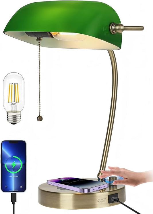 Green Glass Bankers Desk Lamp with Wireless Charger, USB Charging Port for Home Office,Stepless Dimmable Table Lamp Plug in Fixture,LED Bulb Included