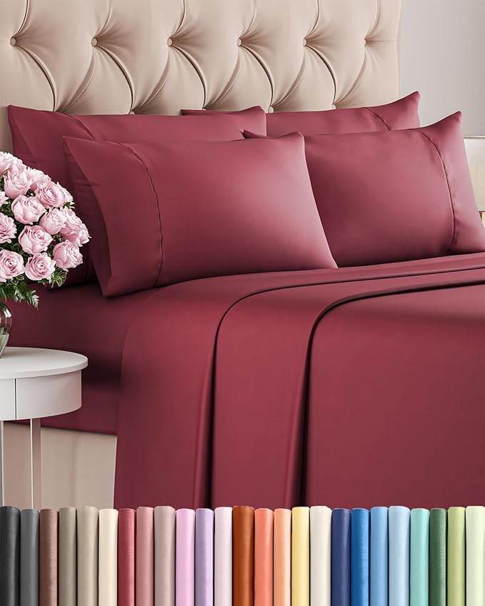 King 6 Piece Sheet Set - Comfy Breathable & Cooling - Ultra Soft Hotel Luxury Bedding Set w/ 8-16 Inch Deep Pockets - 1 Flat & 1 Fitted Sheet & 4 Pillowcases - Wrinkle Free and Easy Care - Burgundy