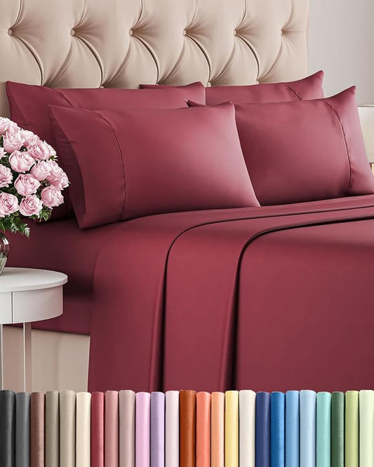 Full 6 Piece Sheet Set - Comfy Breathable & Cooling - Ultra Soft Hotel Luxury Bedding Set w/ 8-16 Inch Deep Pockets - 1 Flat & 1 Fitted Sheet & 4 Pillowcases - Wrinkle Free and Easy Care - Burgundy