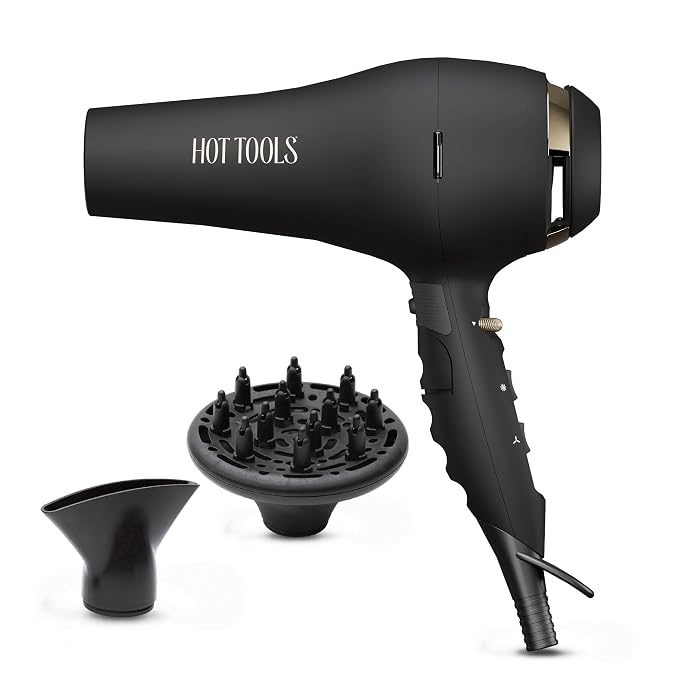 Hot Tools Pro Artist Black Gold 2100 Turbo Ceramic Blow Dryer, Lightweight Ionic Hair Dryer with 1875 Watts for Fast Drying, 6 Heat Speed Settings, Cool Shot, Diffuser, Concentrator