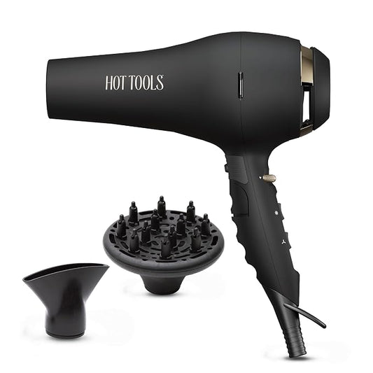 Hot Tools Pro Artist Black Gold 2100 Turbo Ceramic Blow Dryer, Lightweight Ionic Hair Dryer with 1875 Watts for Fast Drying, 6 Heat Speed Settings, Cool Shot, Diffuser, Concentrator