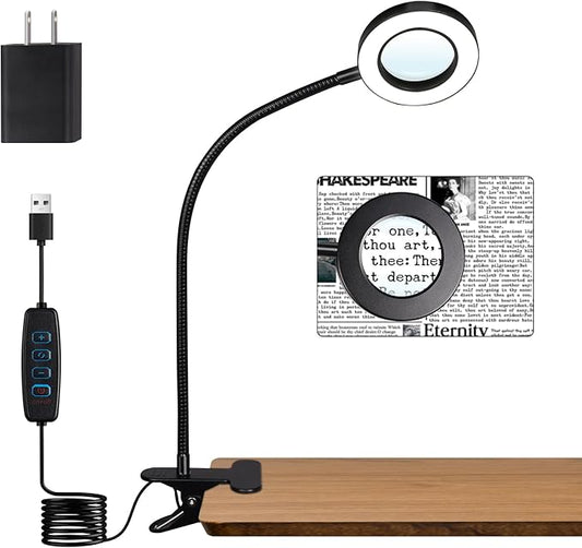Woputne Desk Lamp with 5X Magnifying Glass,3 Color Modes 10 Brightness Levels,Reading Light Eye-Caring,Flexible Gooseneck Clip On Light with 5V/2A Adapter for Home Office Craft Close Work