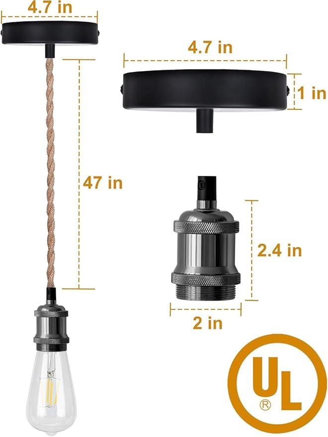 JACKYLED UL Boho Pendant Light Kit, Hemp Rope Light Fixture with Adjustable Hanging Light Cord & E26 E27 Light Socket, Vintage Ceiling Light for DIY Kitchen Island, Bedroom, Farmhouse
