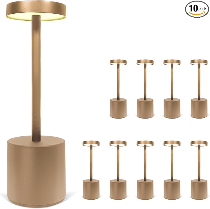 Upper Midland Products 10 Pack - Gold Rechargeable Cordless Table Lamps, Portable LED Desk Lamps, Dimming 5000mAh Rechargeable Battery Powered LED Lighting for Restaurant,Bar, Bedroom, Outdoor, Party