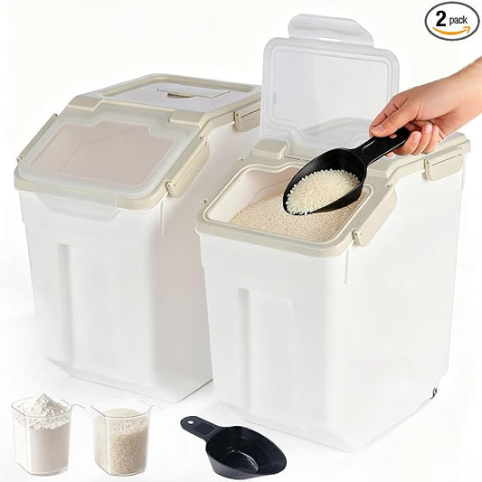RUIAN 2Pcs Large Flour Storage Container Bin 25Lb Airtight Rice Storage Containers with Wheels Seal Locking Lid, BPA Free with Measuring Cup&Scoop for Flour, Rice, Grain (Gray)