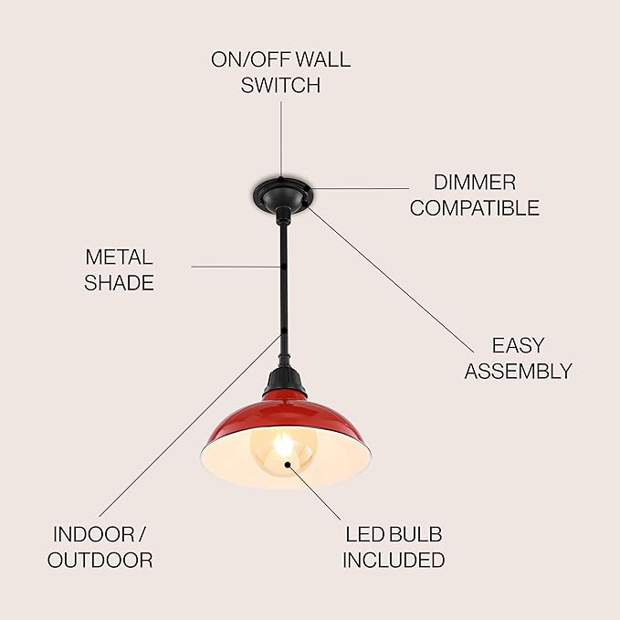 JONATHAN Y 12.25" Red/Black 1-Light Farmhouse Indoor/Outdoor LED Pendant Iron Hanging Light, and Black Metal Shade, Rustic Ceiling Lamp for Kitchen Island, LED Bulb Included (JYL7611E)
