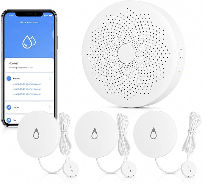 Water Leak Detector Kit with WiFi Hub & 3 Sensors, Smart Water Leak Alarm with App Alerts, 330ft Range, Zigbee Water Sensor for Basement, Kitchen, Bathroom, Washing Machine,White