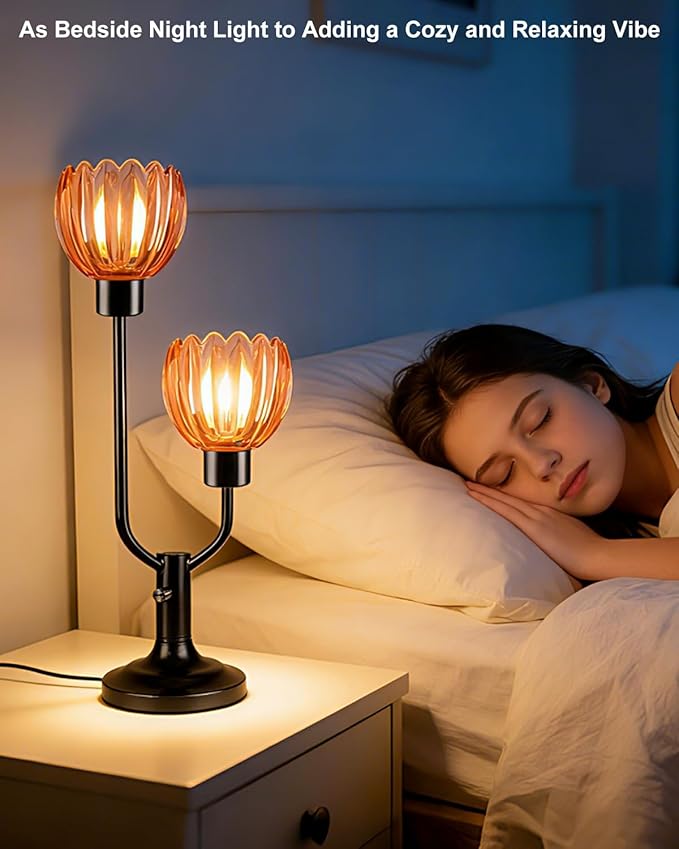 Lightdot Mid Century Modern Flower Table Lamp for Living Room Dimmable Nightstand Lamp Red Glass Vintage Black Desk Lamp 2 Bulbs Included Warmwhite Ambient Bedside Lamps for Bedroom Home Office Decor