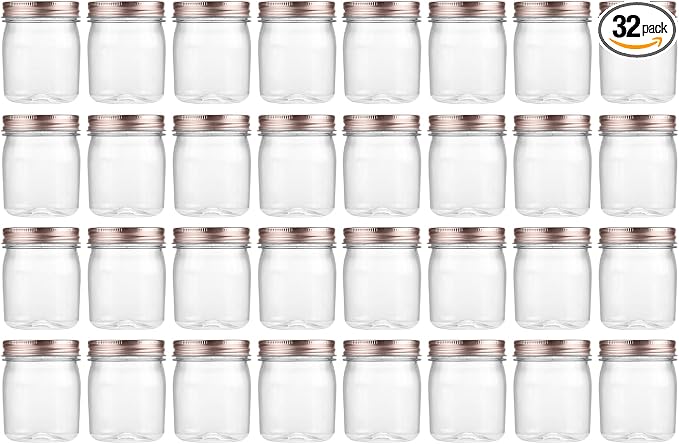 novelinks 8 oz Clear Plastic Jars with Airtight Lids, 32 Pack Plastic Mason Jars with Lids 8oz, Refillable Storage Slime Containers & Small Spice Jar for Kitchen Organization (32 Pack,Rose Gold)