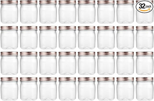 novelinks 8 oz Clear Plastic Jars with Airtight Lids, 32 Pack Plastic Mason Jars with Lids 8oz, Refillable Storage Slime Containers & Small Spice Jar for Kitchen Organization (32 Pack,Rose Gold)