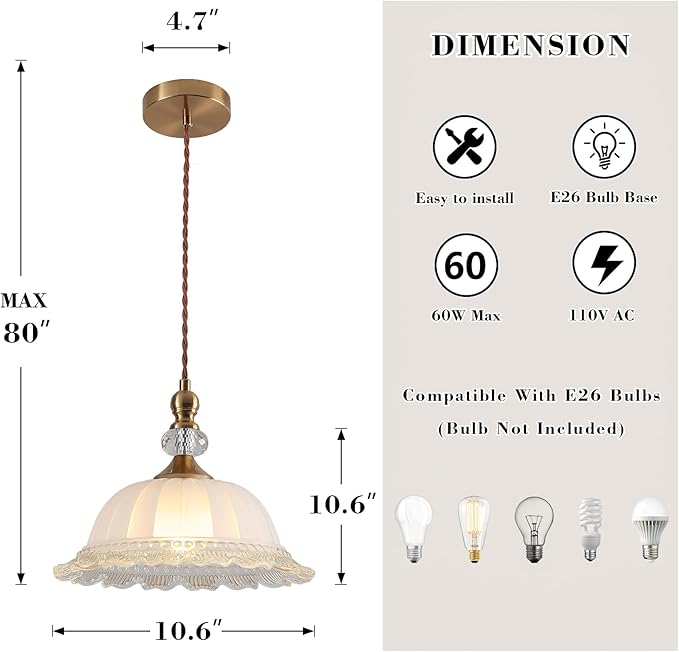 10.6" Milk Glass Vintage Pendant Light for Kitchen Island, Antique Brass Gold Pendant Light Fixture for Dining Room Hallway Bedroom