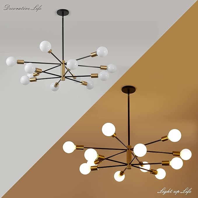 KAISITE Modern Chandelier 12-Light Sputnik Chandeliers Black and Gold Chandelier Light Fixtures for Dining Room Over Table Mid Century Height Adjustable High Ceiling Kitchen Farmhouse Chandelier