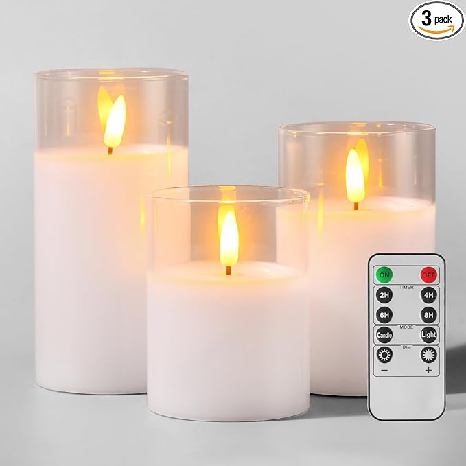 Tyawon Glass Battery Operated LED Flameless Candles with Remote and Timer, Real Wax Candles Warm Color Flickering Light for Festival Wedding Home Party Decor(Pack of 3)-White