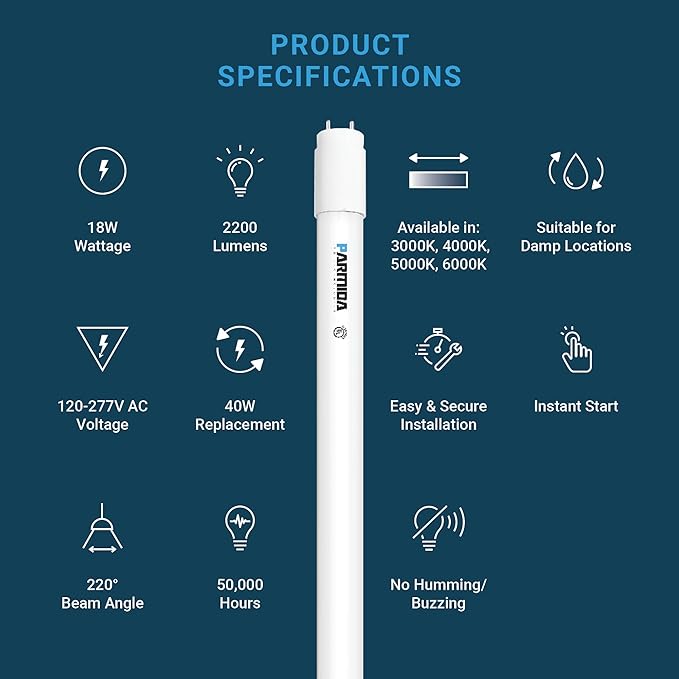 PARMIDA 20-Pack 4FT LED T8 Hybrid Type A+B Light Tube, 18W, Plug & Play or Ballast Bypass, Single-Ended OR Double-Ended Connection, 2200lm, Frosted Cover, T8 T10 T12, UL - 5000K