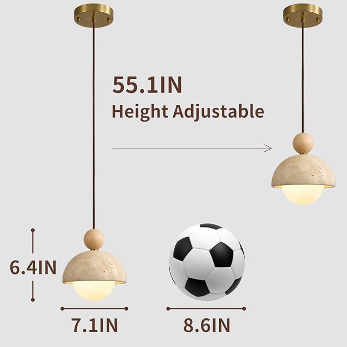 7.1inch Wabi Sabi Pendant Light, Yellow Travertine Pendant Light Fixture, Natural Stone & Wood Hanging Lamp for Kitchen Island, Hallway, Bedroom Bedside, Living Room, Dining Room (1pcs)
