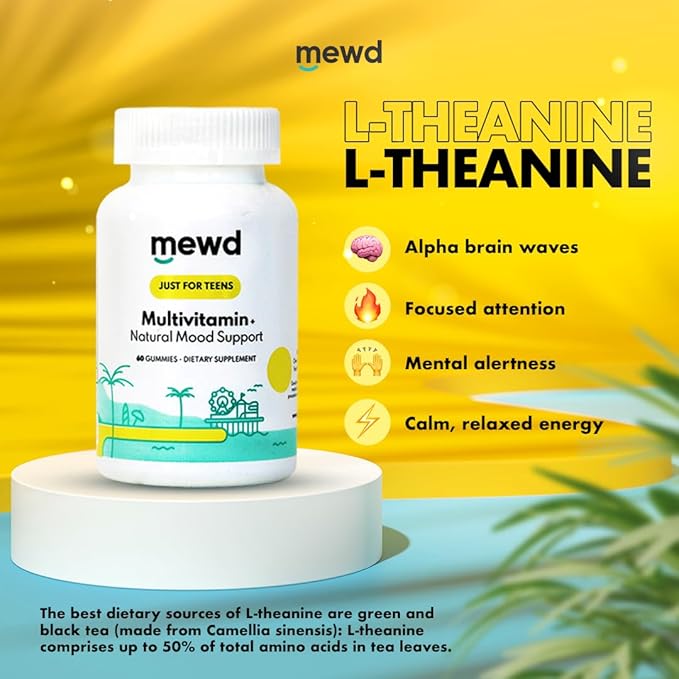 MEWD ティーン/キッズ用デイリーマルチビタミン グミ 天然気分安定剤配合、ビーガン、免疫力向上、鉄・亜鉛サプリメント、グルテンフリー、脳の健康のための集中力アップビタミン – アメリカ製