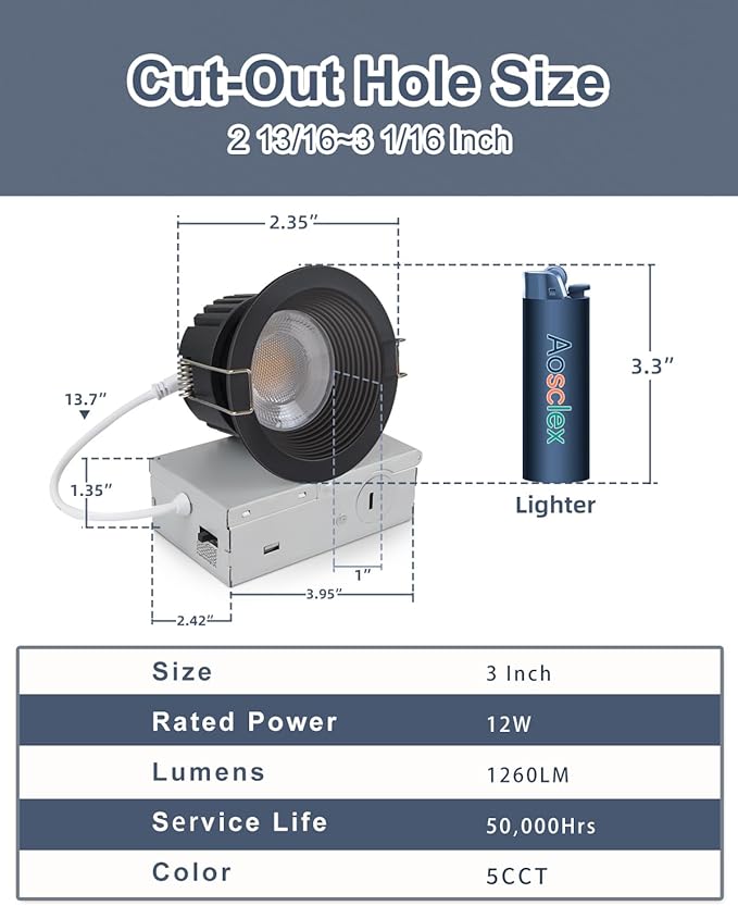 Aosclex 3 Inch 5CCT Anti-Glare LED Recessed Lights with Junction Box, 2700K/3000K/3500K/4000K/5000K Selectable, 12W 1260LM CRI90+, Dimmable Canless Waterproof Downlight, ETL & FCC（Black, 1 Pack）