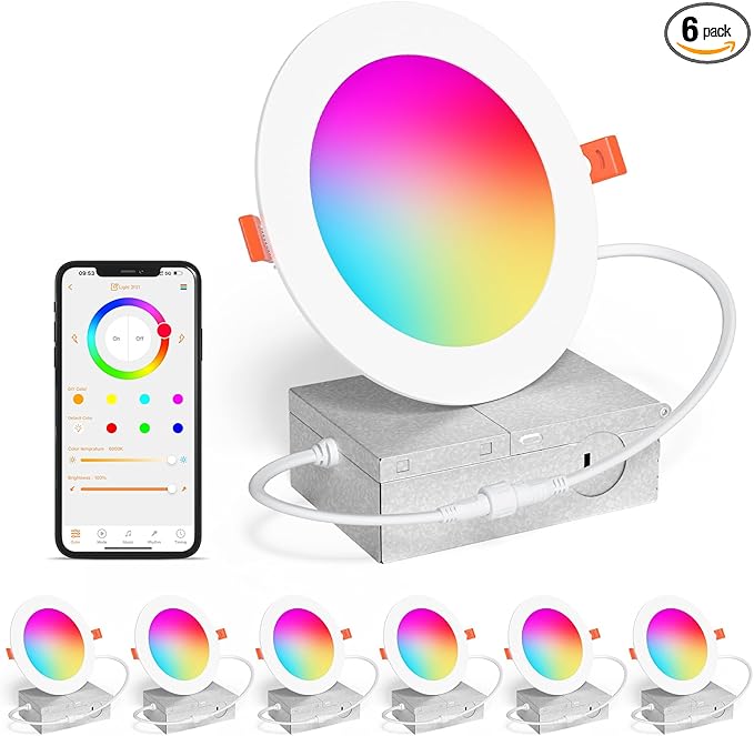SikSog Smart Recessed Lighting 4 Inch RGBCW Color Changing 12W LED Downlight with Junction Box,1100 Lumen Recessed Ceiling Light Compatible with Alexa,Dimmable by Bluetooth Control -6Pack